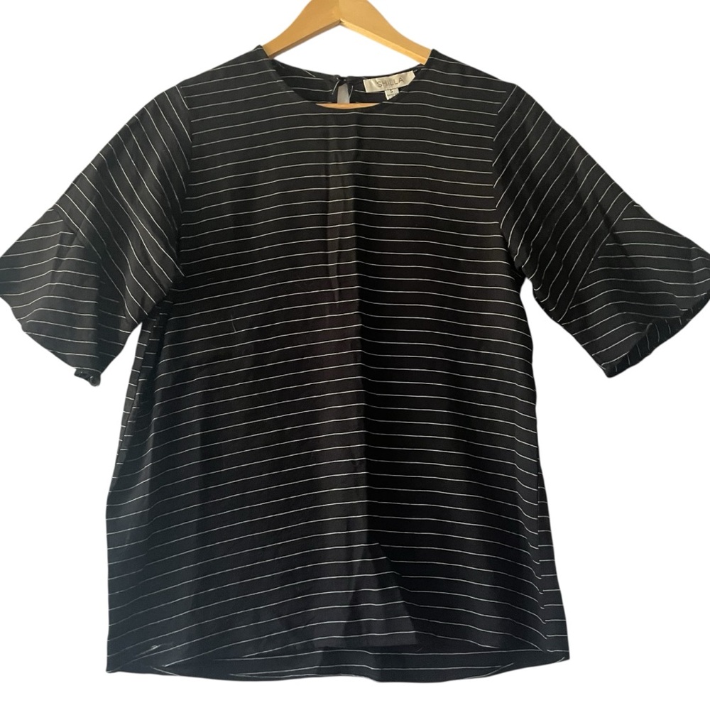 Shilla Chic Black Striped Women's Sz‎ S Blouse Business Casual Office Neutral